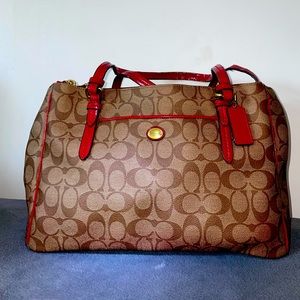 Coach leather handbag, tote, red, tan color.